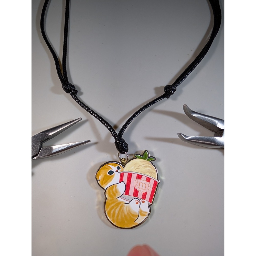 Cat Ice Cream Enamel Pendant Necklace Adjustable Black Cord Ginger Tabby Kitten